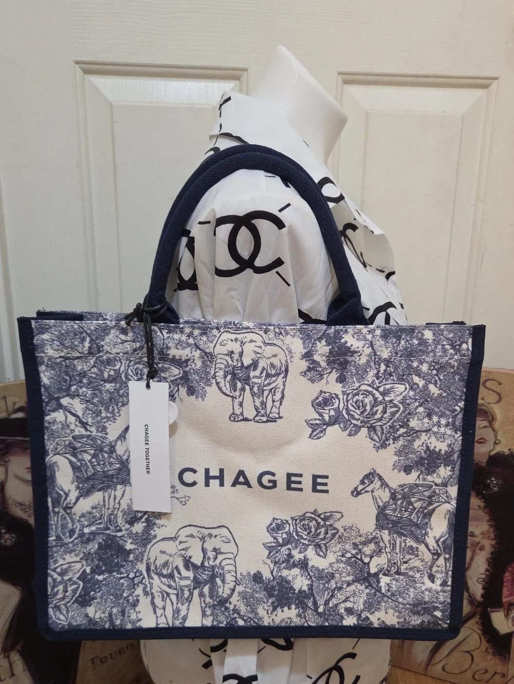 CHAGEE Navy & Cream Printed Tote Bag